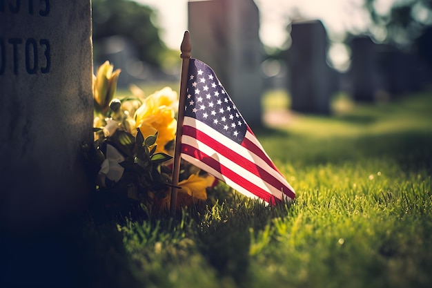 drapeau américain le jour du mémorial dans un cimetière