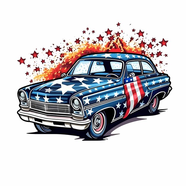 Drapeau américain avec une vieille voiture