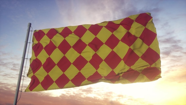 Drapeau de l'Angoumois, France, ondulant dans le vent, le ciel et le soleil. rendu 3D.