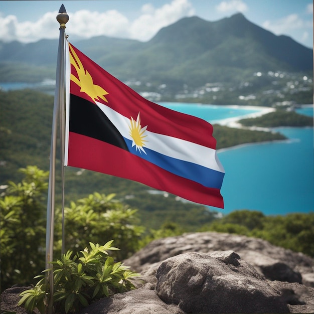 Drapeau d'Antigua-et-Barbuda, agitant un drapeau sur la montagne Wallpaper