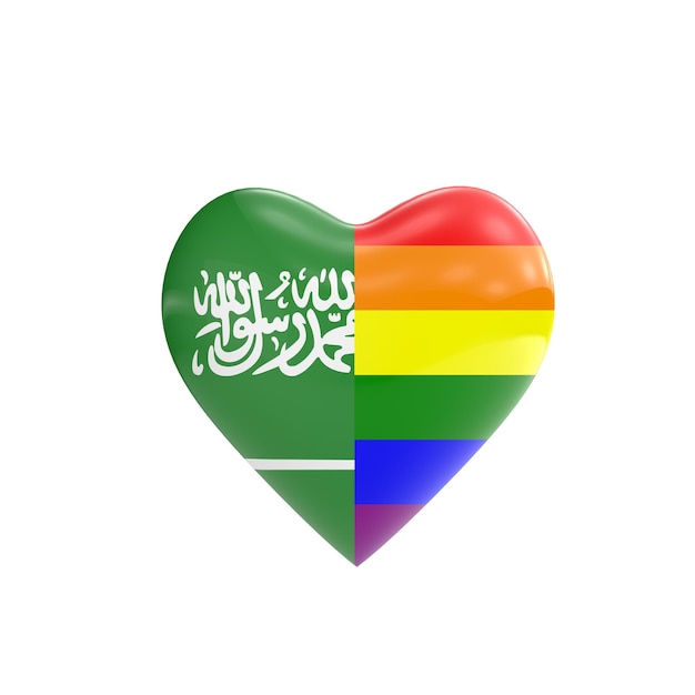 Drapeau de l'Arabie saoudite et drapeau arc-en-ciel gay LGBT en forme de coeur Concept des droits des homosexuels Rendu 3D