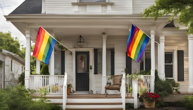 un drapeau arc-en-ciel est accroché à l'extérieur d'une maison