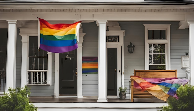 un drapeau arc-en-ciel est accroché à l'extérieur d'une maison