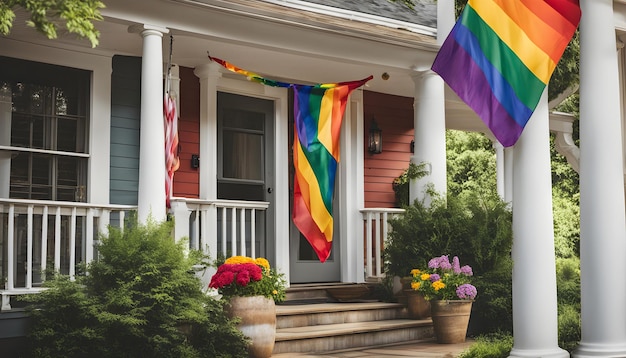 un drapeau arc-en-ciel est accroché à l'extérieur d'une maison