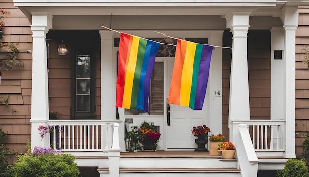 un drapeau arc-en-ciel est accroché à une maison du quartier