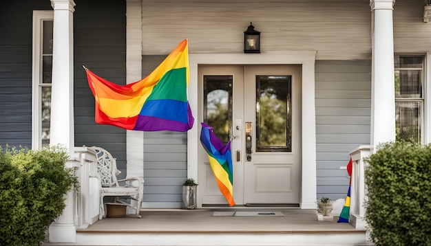 un drapeau arc-en-ciel est accroché à un porche devant une maison