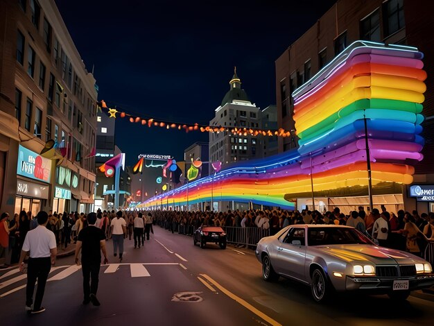 Photo un drapeau arc-en-ciel est suspendu au-dessus d'une rue avec une bannière arc- en-ciel