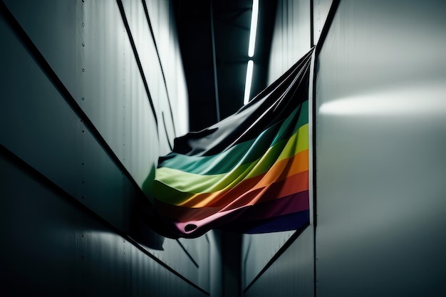 Un drapeau arc-en-ciel est suspendu dans un couloir sombre.