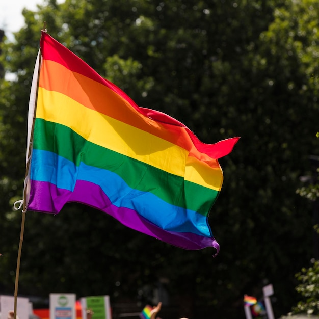 Drapeau arc-en-ciel gay agité lors d'une marche de la fierté gay LGBT à Londres