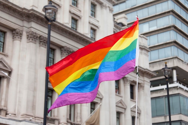 Drapeau arc-en-ciel gay agité lors d'une marche de la fierté gay LGBT à Londres