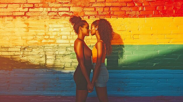 Photo drapeau arc-en-ciel vu lors d'une journée ensoleillée projetant l'ombre d'un jeune couple lesbien multiracial