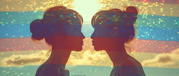 Drapeau arc-en-ciel vu lors d'une journée ensoleillée projetant l'ombre d'un jeune couple lesbien multiracial