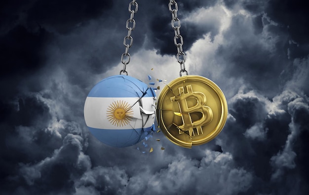 Drapeau argentin s'écrasant dans un rendu de pièce de monnaie crypto bitcoin d'or