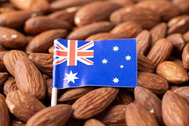 Drapeau de l'Australie sur les amandes Origine des fruits à coque agroalimentaire de la culture des amandes en Australie