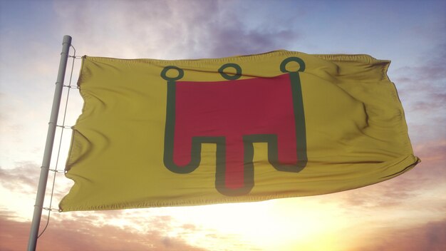 Drapeau Auvergne, France, ondulant dans le vent, le ciel et le soleil. rendu 3D.