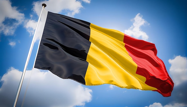 Le drapeau belge agitant fièrement dans le vent entouré d'un ciel bleu clair et de nuages blancs moelleux évoquant un sentiment de fierté et d'unité nationales