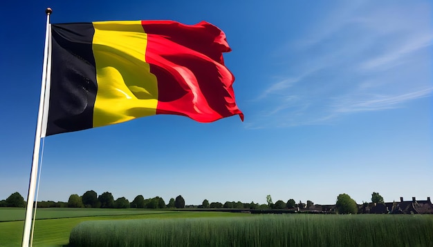 Le drapeau belge agite fièrement contre un ciel bleu clair entouré de champs verts vibrants et d'une brise douce.