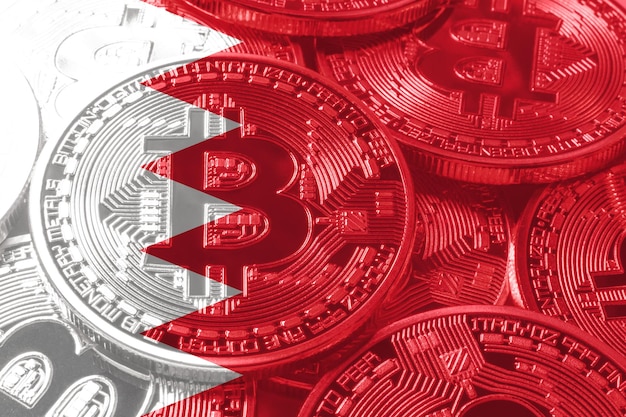 Drapeau de Bitcoin de Bahreïn, fond noir de concept de crypto-monnaie de drapeau national