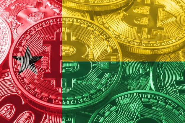 Drapeau de bitcoin de Guinée Bissau, fond noir de concept de crypto-monnaie de drapeau national