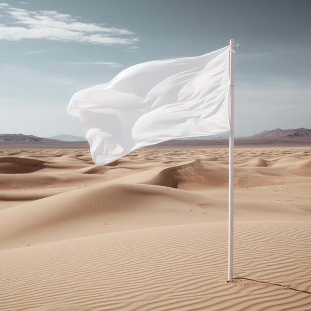 Photo drapeau blanc agitant dans le vent sur un mât de drapeau contre le fond du désert a généré