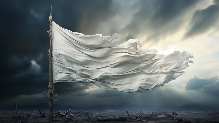 Drapeau blanc sur fond de ciel nuageux sombre