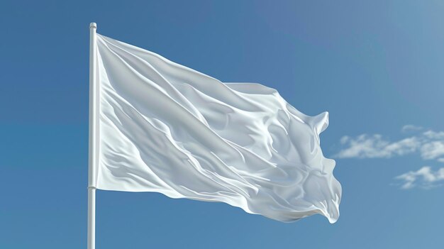 Photo un drapeau blanc souffle dans le vent sur un ciel bleu clair le drapeau est grand et a beaucoup d'espace entre les lignes