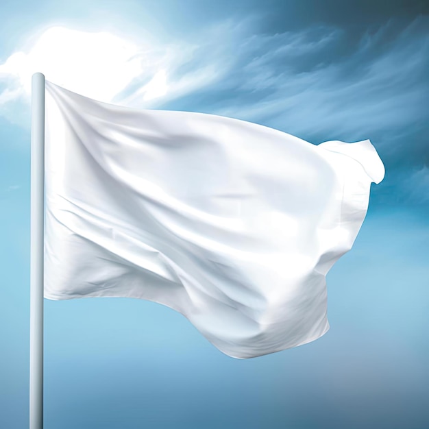 Drapeau blanc vierge agitant au vent sur un fond de ciel bleu