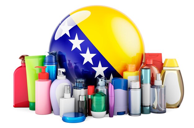 Photo drapeau bosniaque avec bouteilles cosmétiques cheveux, produits de soins de la peau et du corps, rendu 3d
