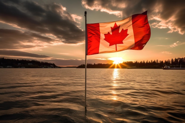 Un drapeau canadien dans l'eau avec le coucher de soleil derrière lui