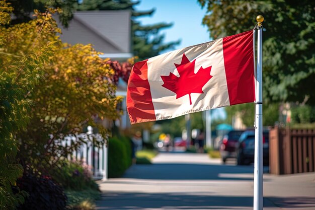 Un drapeau canadien dans une rue.