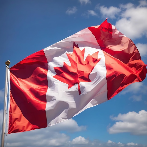 Un drapeau canadien flottant dans la brise ses couleurs rayonnant dans le ciel Ai généré