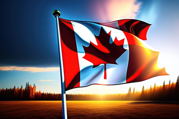 Un drapeau canadien flottant avec un paysage canadien en arrière-plan