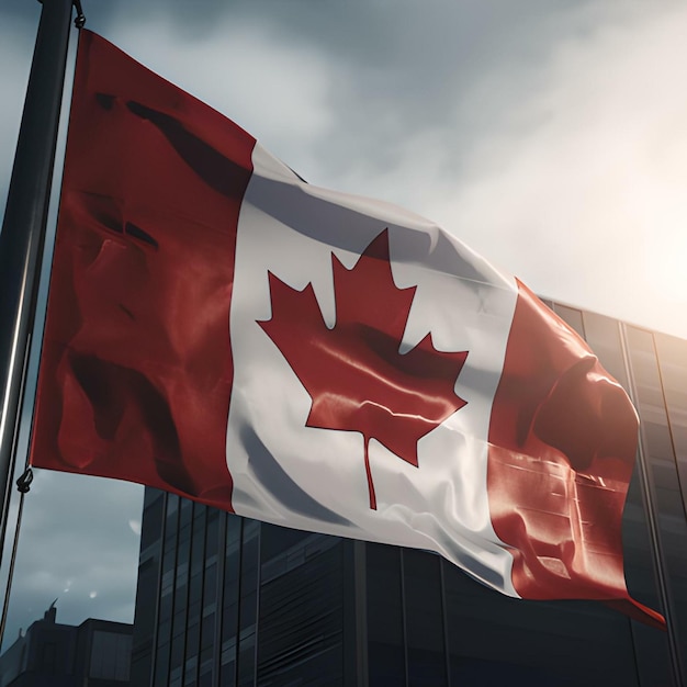 Un drapeau canadien flotte devant un bâtiment.