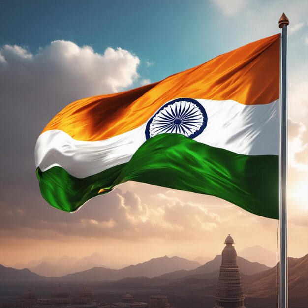 Drapeau de célébration de la fête de l'indépendance indienne agitant sur le ciel