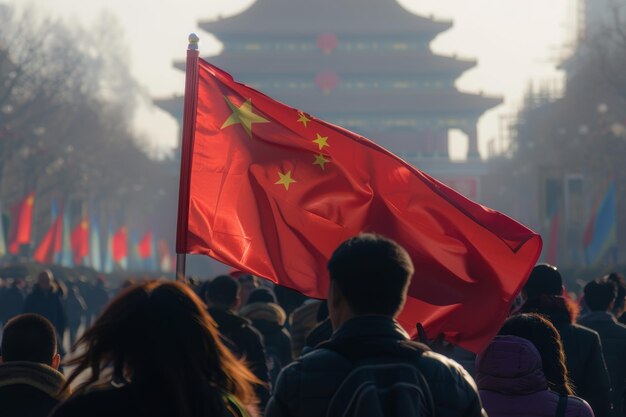 Photo le drapeau de la chine agitant le symbole de l'unité et de la force du patriotisme de la nation