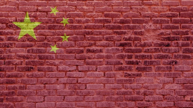 Drapeau de la Chine sur fond de mur de briques dans la rue de la ville avec espace de copie Texture de briques de pierre anciennes extérieures avec la bannière de la Chine Concept de relations diplomatiques internationales