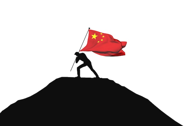 Drapeau de la Chine poussé au sommet de la montagne par une silhouette masculine rendu 3D