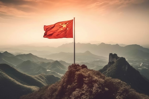 Drapeau de la Chine volant dans le ciel de la montagne