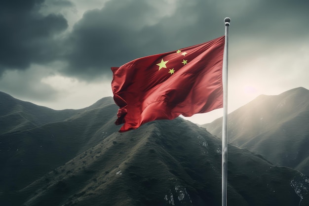 Drapeau de la Chine volant dans le ciel de la montagne