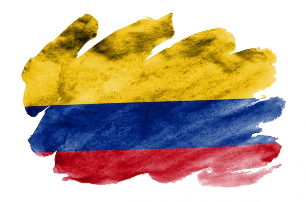 Le drapeau de la Colombie est représenté dans un style aquarelle liquide isolé sur blanc