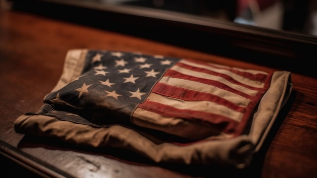 Un drapeau composé d'étoiles et de rayures est posé sur une table.