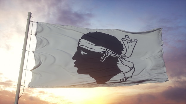 Drapeau de la Corse, France, ondulant dans le vent, le ciel et le soleil. rendu 3D