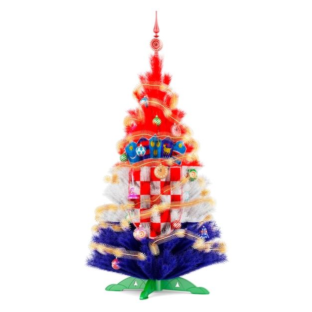 Drapeau croate peint sur l'arbre de Noël rendu 3D isolé sur fond blanc