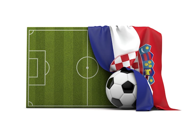 Drapeau de la Croatie drapé sur un terrain de football et une balle de rendu 3D