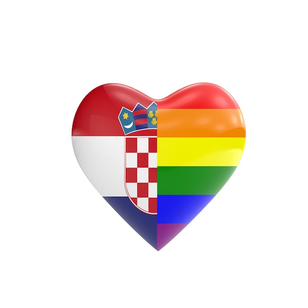 Drapeau de la Croatie et drapeau arc-en-ciel gay LGBT en forme de coeur Concept des droits des homosexuels Rendu 3D