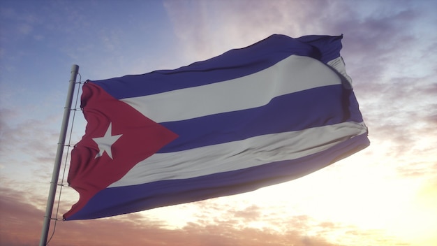 Drapeau de Cuba ondulant dans le fond du vent, du ciel et du soleil. rendu 3D.