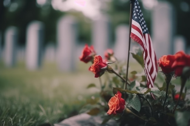 Un drapeau dans un cimetière avec un rosier rouge en arrière-plan