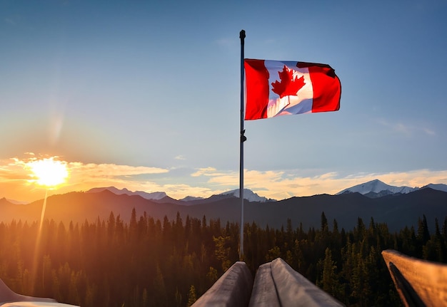 Drapeau du Canada devant les montagnes