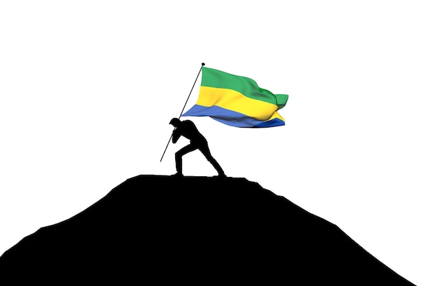 Drapeau du Gabon poussé au sommet de la montagne par une silhouette masculine rendu 3D