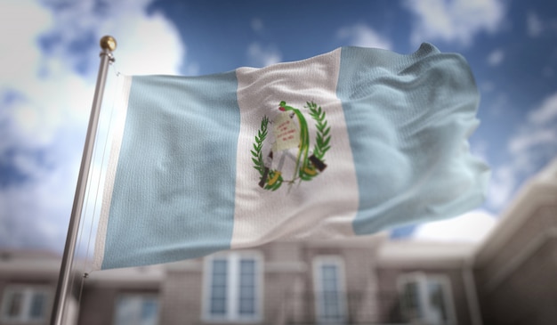 Drapeau du Guatemala Rendement 3D sur le fond du bâtiment du ciel bleu